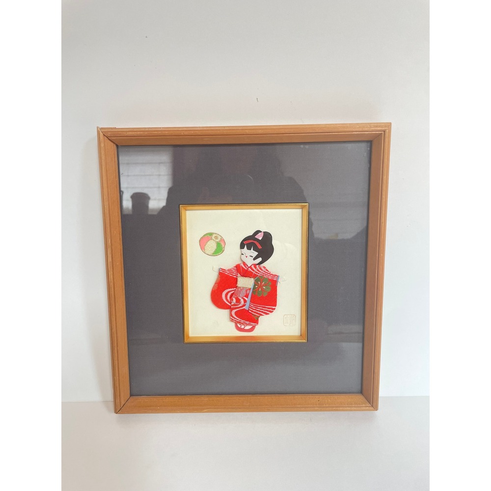 Vintage Japanese Oshie 3D‎ Fabric Art Framed Kimono Girl Silk Collage